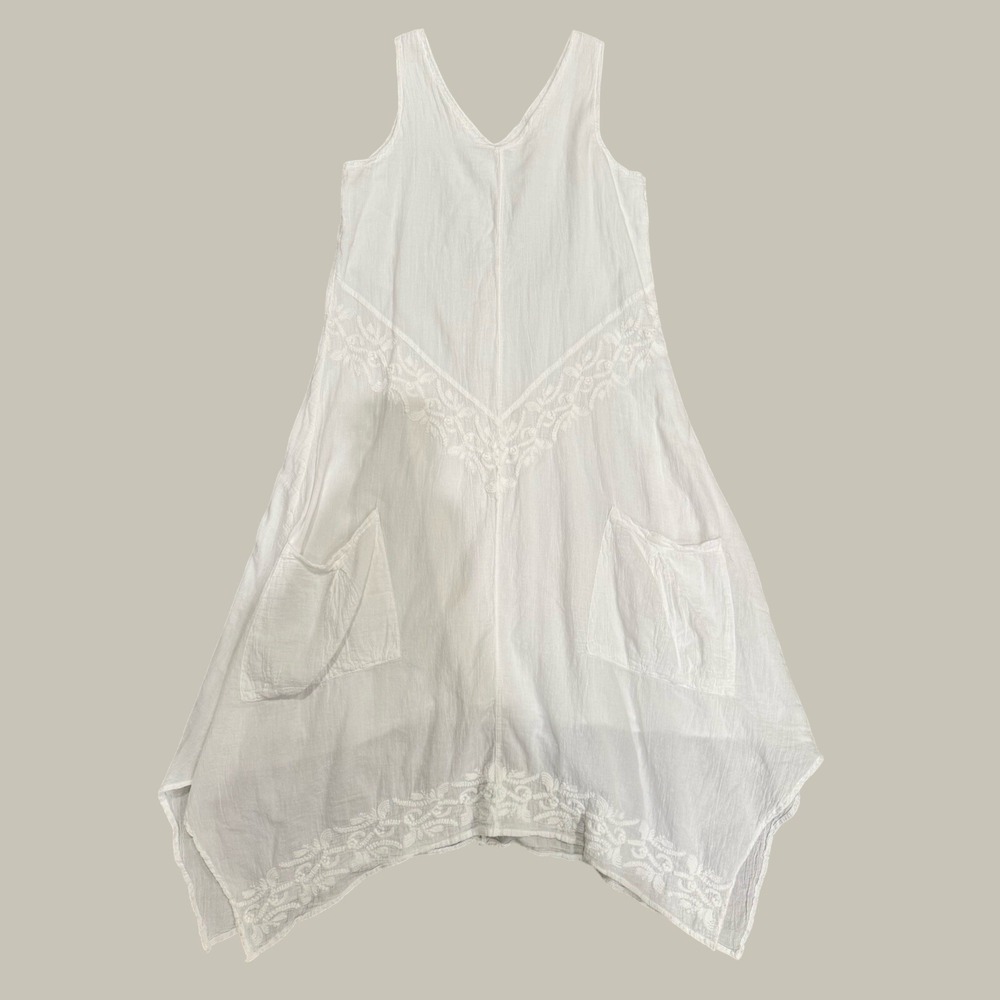 Italy Cotton Blend Dress Small Embroidered‎ Handkerchief Lagenlook White Pockets